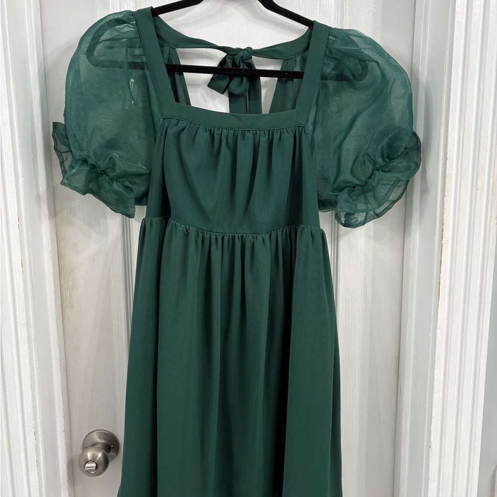 Entro Forest Green Dress with Puff Sleeves